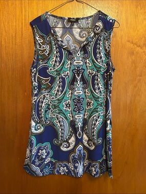 Perceptions Paisley V-Neck Sleeveless Dress- Blue, Teal, White